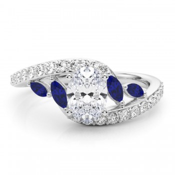 Swirl Design Lab Grown Diamond & Marquise Sapphire Engagement Ring 14K White Gold (0.63ct)